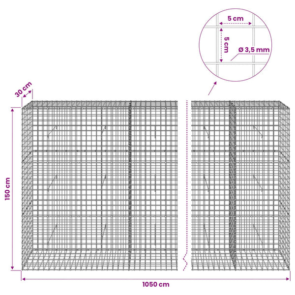 Gabioni, jossa 3,5 mm langat ja 5x5 cm verkko 1050x30x150 cm