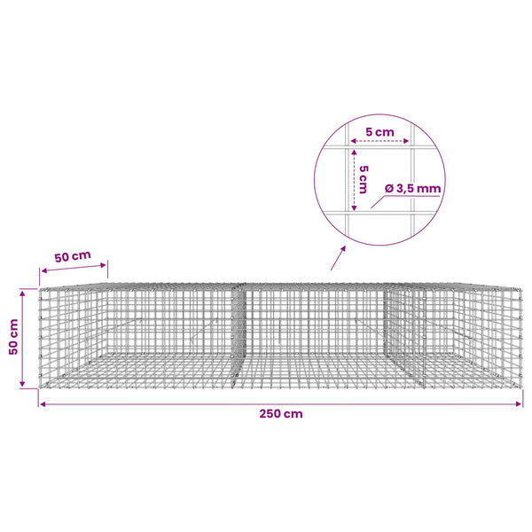 Gabioni, jossa 3,5 mm langat ja 5x5 cm verkko 250x50x50 cm