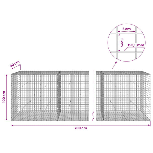 Gabioni, jossa 3,5 mm langat ja 5x5 cm verkko 700x50x100 cm