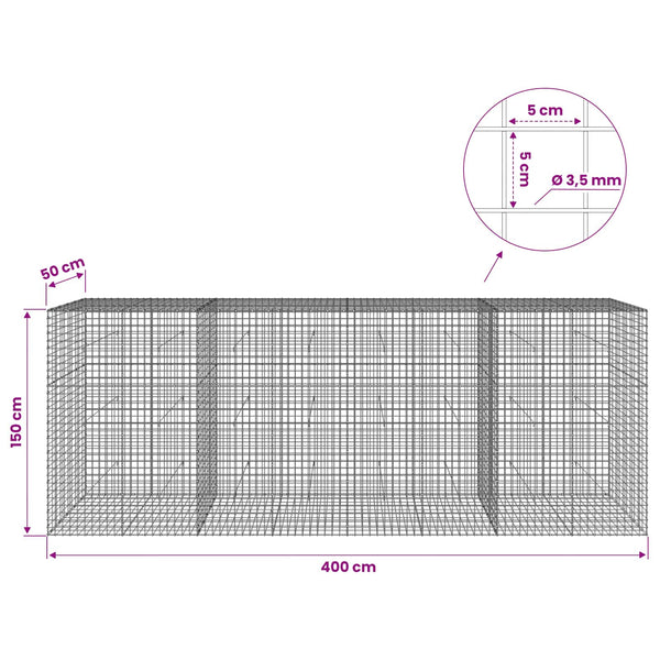 Gabioni, jossa 3,5 mm langat ja 5x5 cm verkko 400x50x150 cm