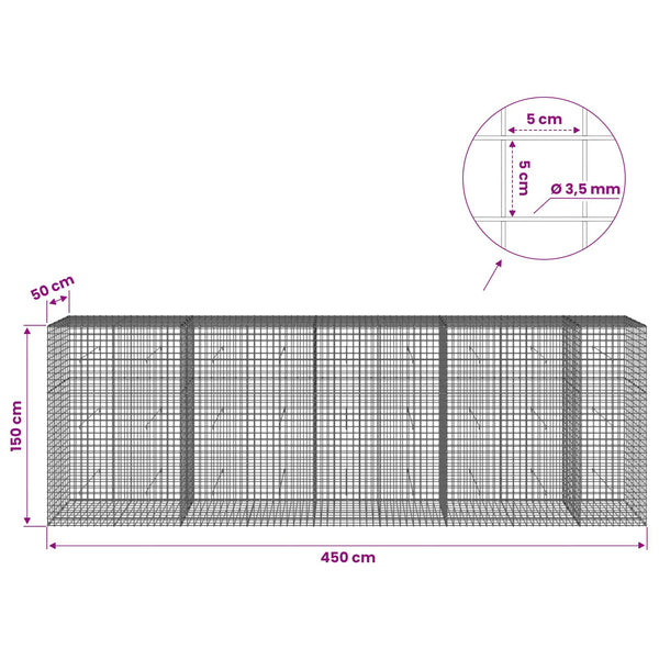 Gabioni, jossa 3,5 mm langat ja 5x5 cm verkko 450x50x150 cm