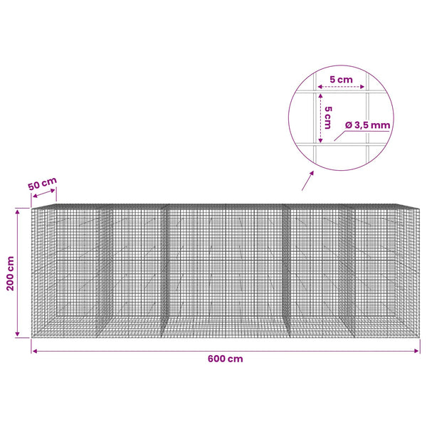 Gabioni, jossa 3,5 mm langat ja 5x5 cm verkko 600x50x200 cm