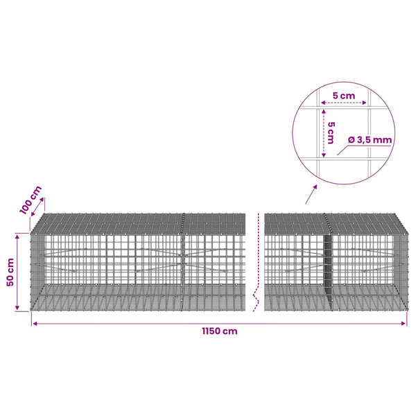Gabioni, jossa 3,5 mm langat ja 5x5 cm verkko 1150x100x50 cm