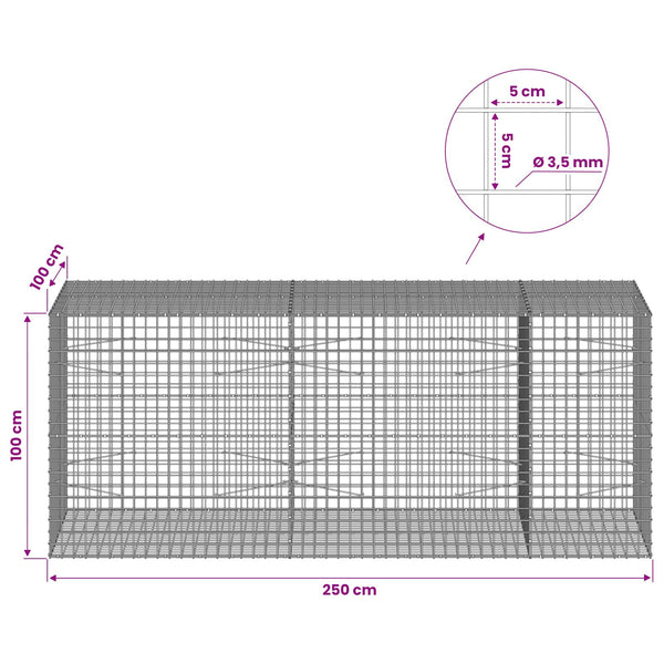 Gabioni, jossa 3,5 mm langat ja 5x5 cm verkko 250x100x100 cm