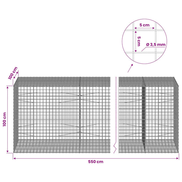 Gabioni, jossa 3,5 mm langat ja 5x5 cm verkko 550x100x100 cm
