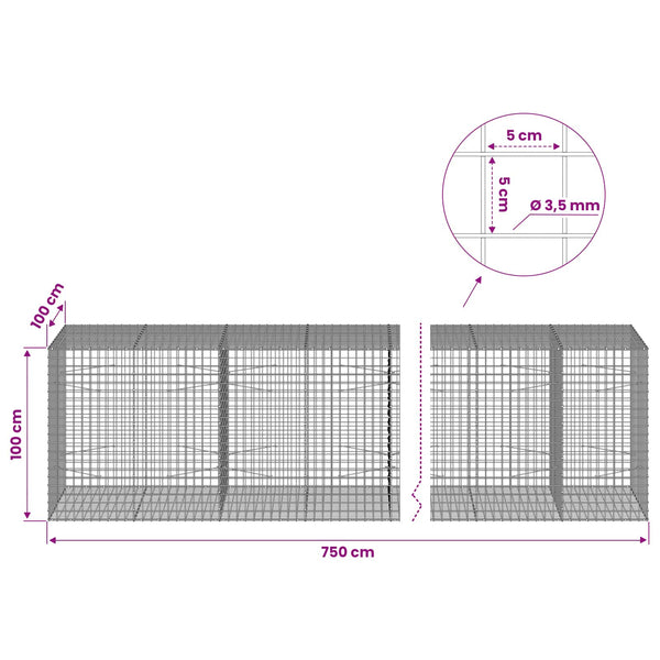 Gabioni, jossa 3,5 mm langat ja 5x5 cm verkko 750x100x100 cm
