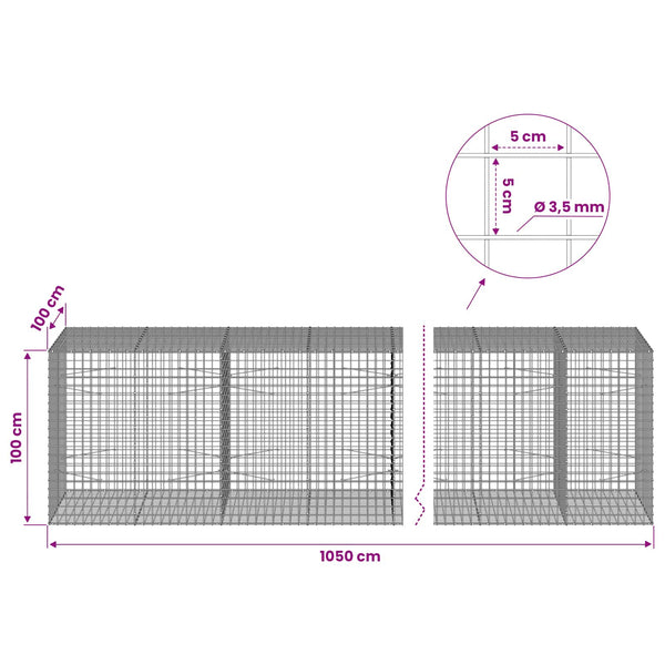 Gabioni, jossa 3,5 mm langat ja 5x5 cm verkko 1050x100x100 cm