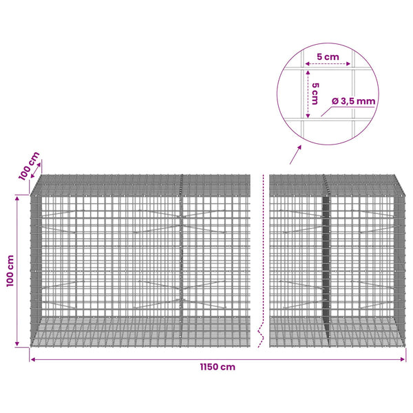 Gabioni, jossa 3,5 mm langat ja 5x5 cm verkko 1150x100x100 cm