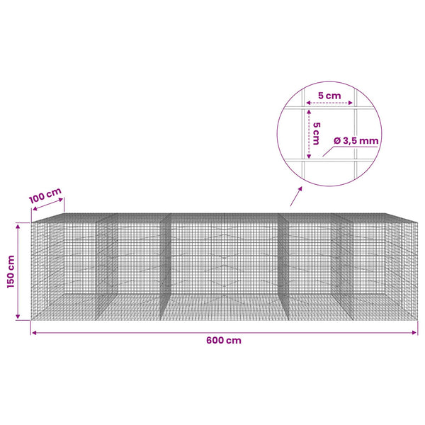 Gabioni, jossa 3,5 mm langat ja 5x5 cm verkko 600x100x150 cm
