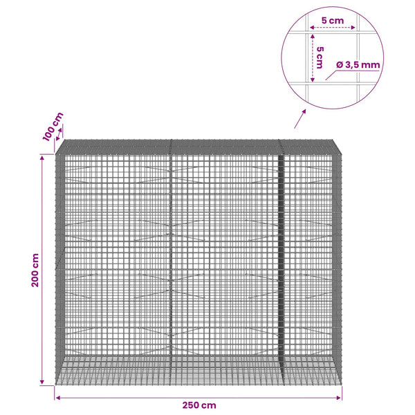 Gabioni, jossa 3,5 mm langat ja 5x5 cm verkko 250x100x200 cm