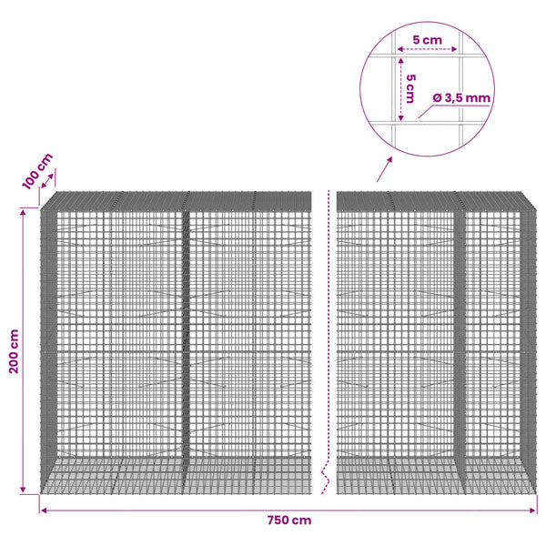Gabioni, jossa 3,5 mm langat ja 5x5 cm verkko 750x100x200 cm