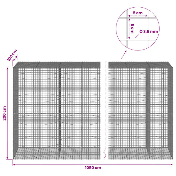 Gabioni, jossa 3,5 mm langat ja 5x5 cm verkko 1050x100x200 cm