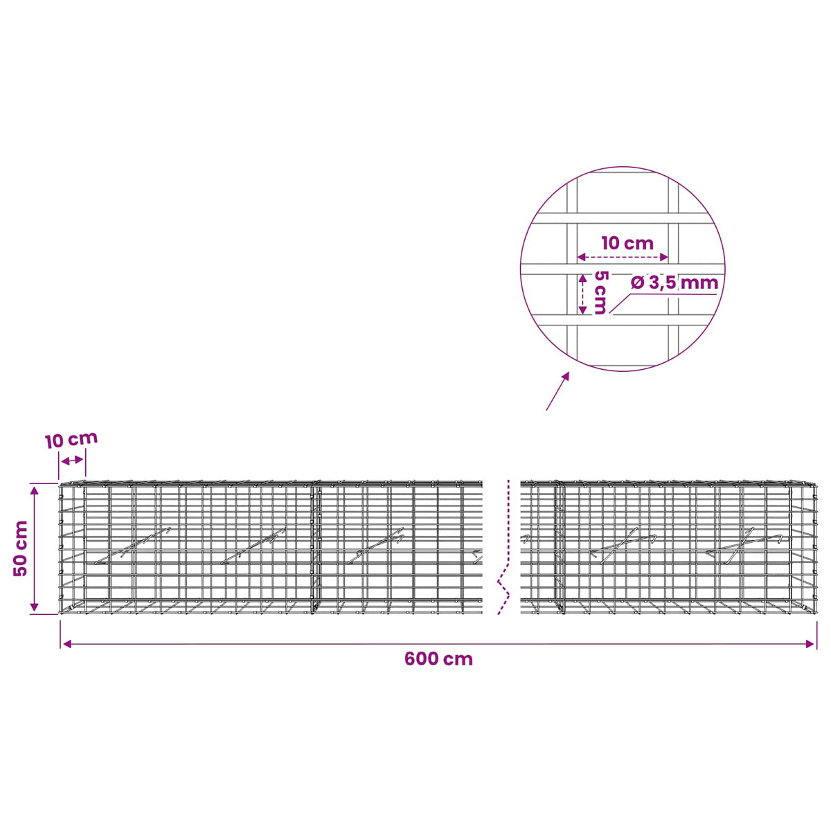 Gabion 3,5 mm Langasta ja 5x10 cm Verkkosta 600x10x50 cm
