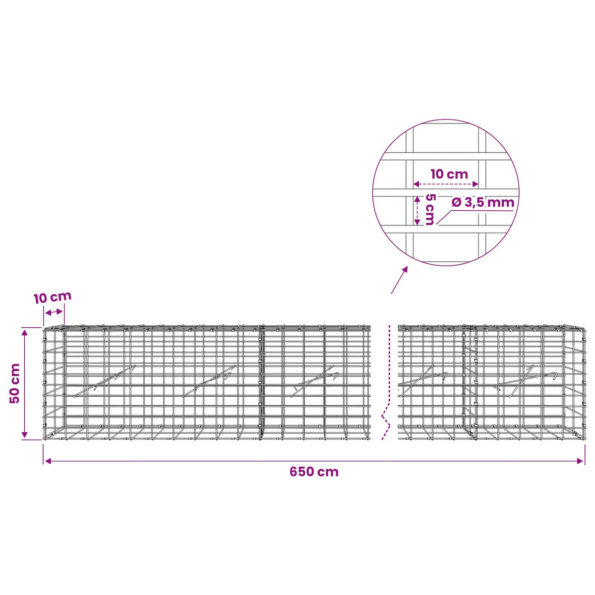 Gabion 3,5 mm Langasta ja 5x10 cm Verkkosta 650x10x50 cm