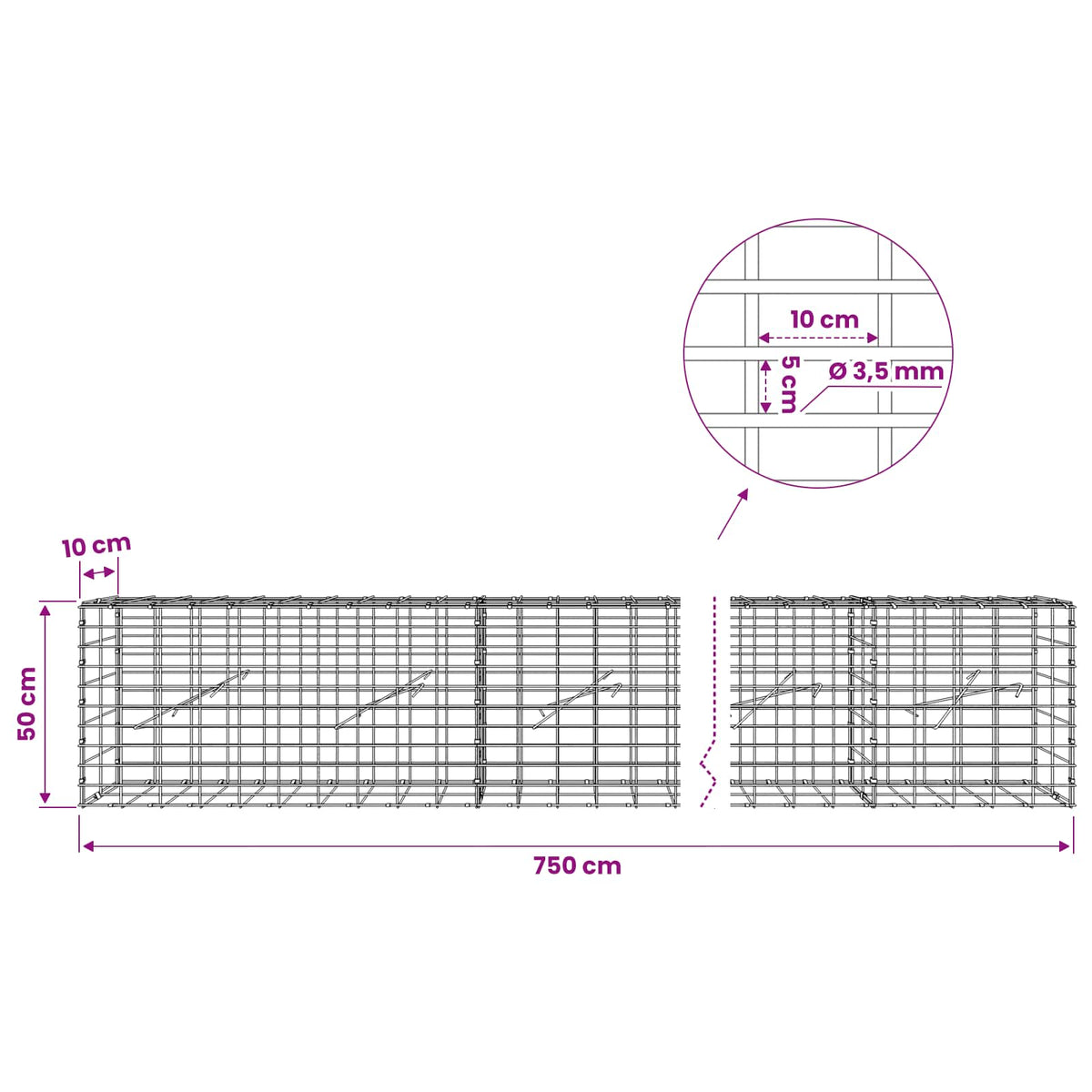 Gabion 3,5 mm Langasta ja 5x10 cm Verkkosta 750x10x50 cm