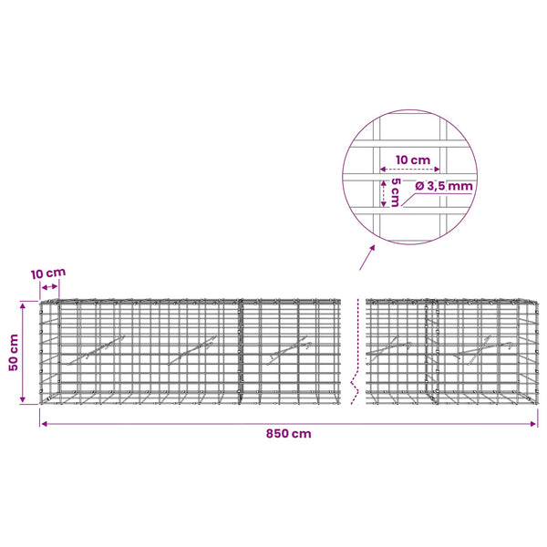 Gabion 3,5 mm Langasta ja 5x10 cm Verkkosta 850x10x50 cm