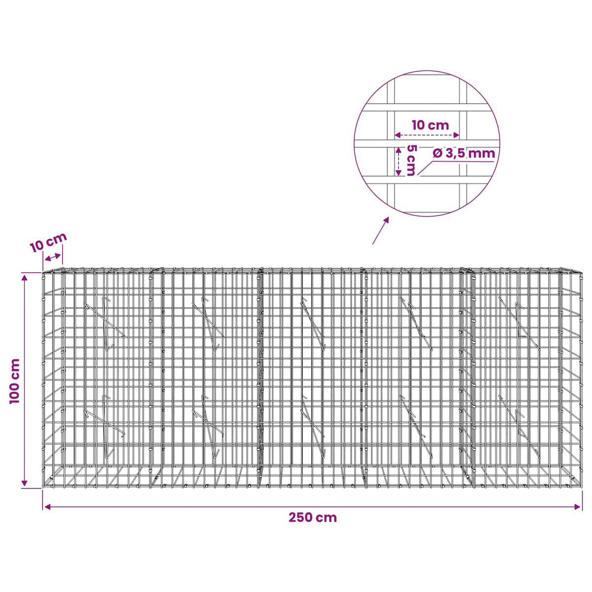 Gabion 3,5 mm Langasta ja 5x10 cm Verkkosta 250x10x100 cm