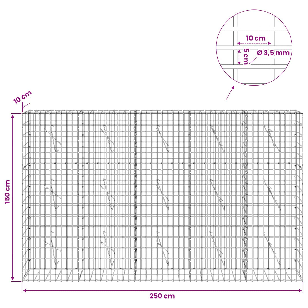 Gabion 3,5 mm Langasta ja 5x10 cm Verkkosta 250x10x150 cm