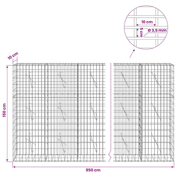 Gabion 3,5 mm Langasta ja 5x10 cm Verkkosta 950x10x150 cm