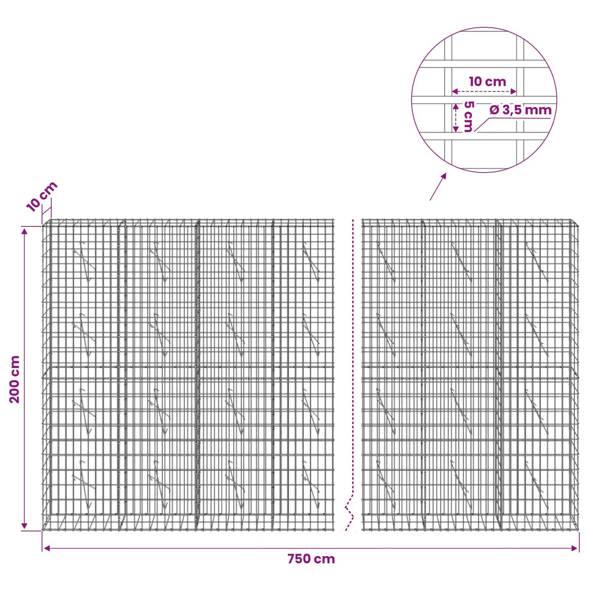 Gabion 3,5 mm Langasta ja 5x10 cm Verkkosta 750x10x200 cm