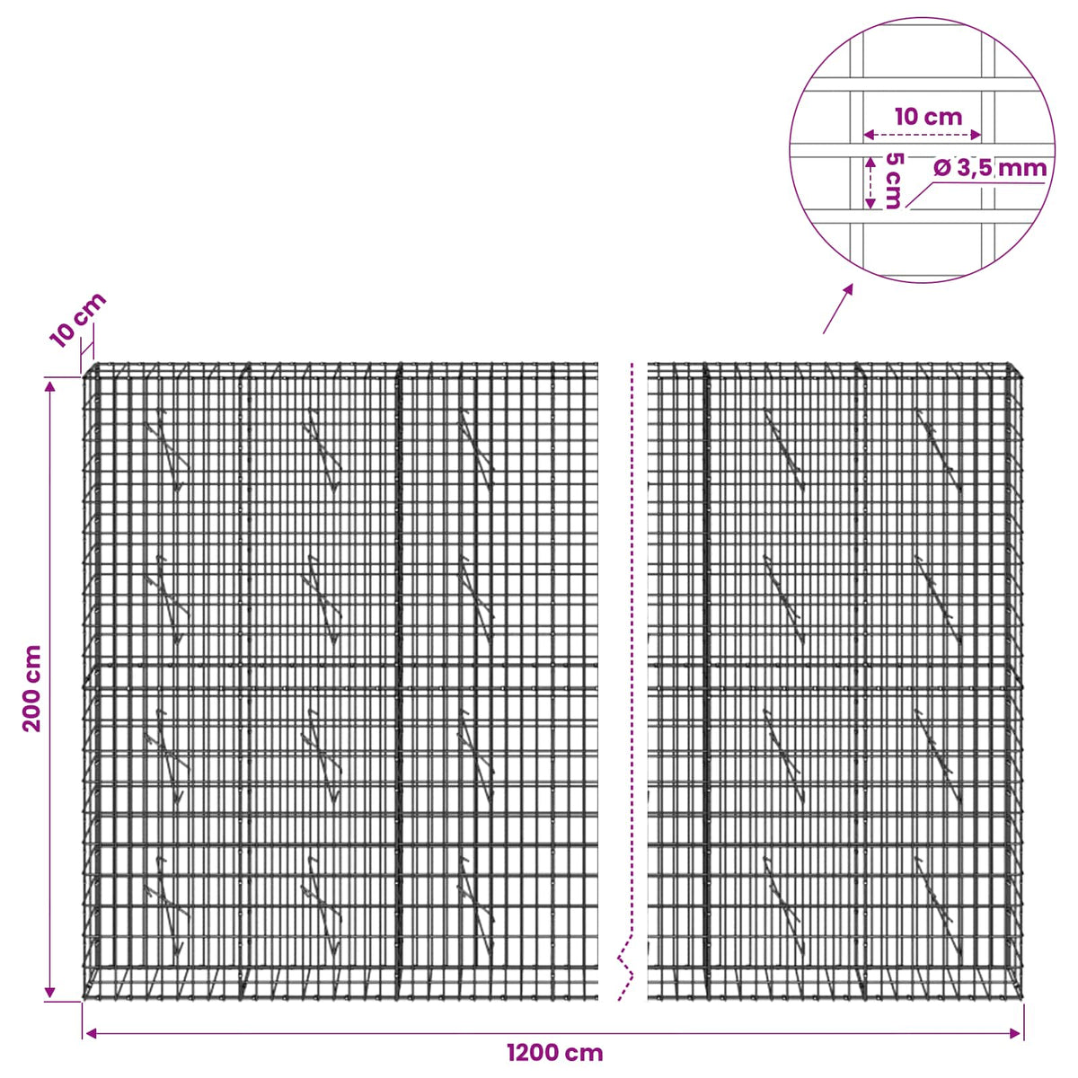 Gabion 3,5 mm Langasta ja 5x10 cm Verkkosta 1200x10x200 cm