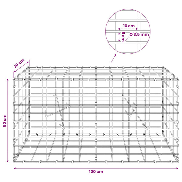 Gabion 3,5 mm Langasta ja 5x10 cm Verkkosta 100x20x50 cm