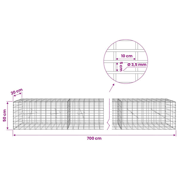 Gabion 3,5 mm Langasta ja 5x10 cm Verkkosta 700x20x50 cm
