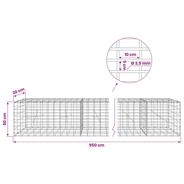 Gabion 3,5 mm Langasta ja 5x10 cm Verkkosta 950x20x50 cm
