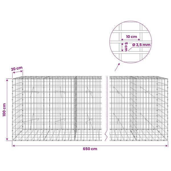 Gabion 3,5 mm Langasta ja 5x10 cm Verkkosta 650x20x100 cm