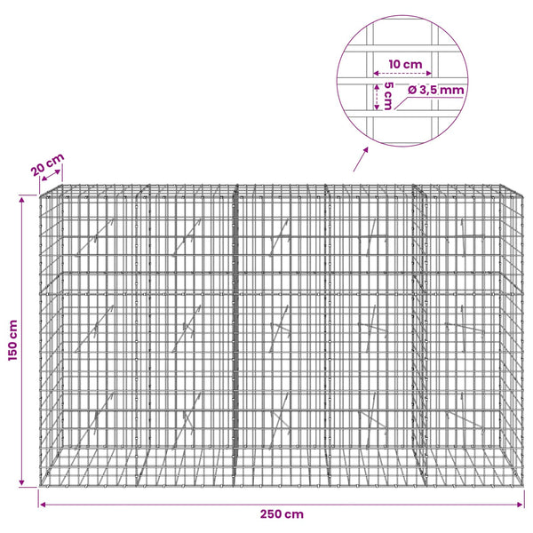 Gabion 3,5 mm Langasta ja 5x10 cm Verkkosta 250x20x150 cm