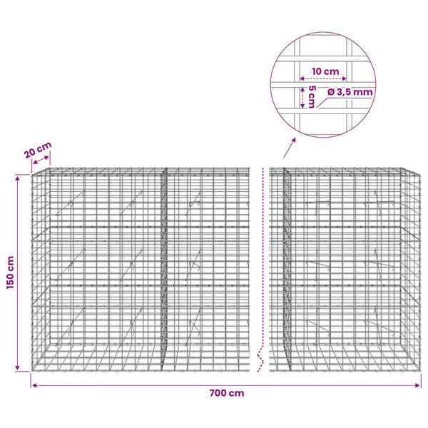 Gabion 3,5 mm Langasta ja 5x10 cm Verkkosta 700x20x150 cm