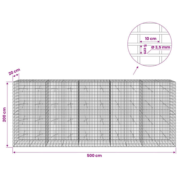 Gabion 3,5 mm Langasta ja 5x10 cm Verkkosta 500x20x200 cm