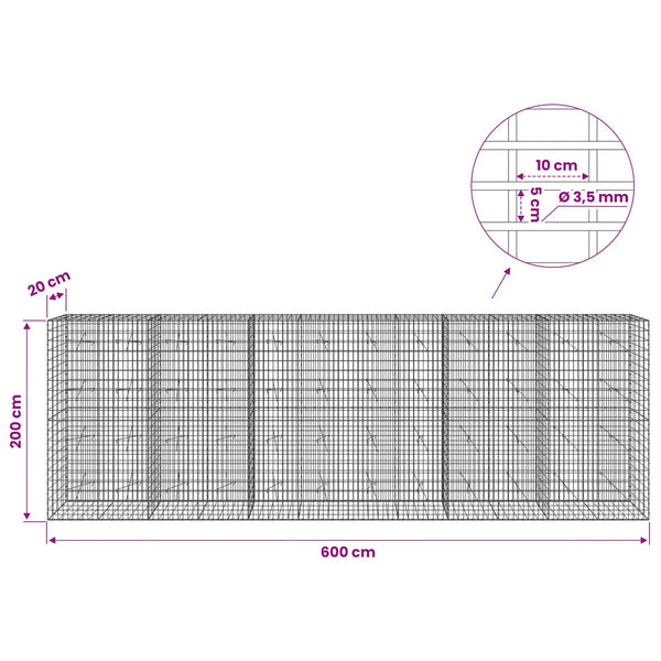 Gabion 3,5 mm Langasta ja 5x10 cm Verkkosta 600x20x200 cm
