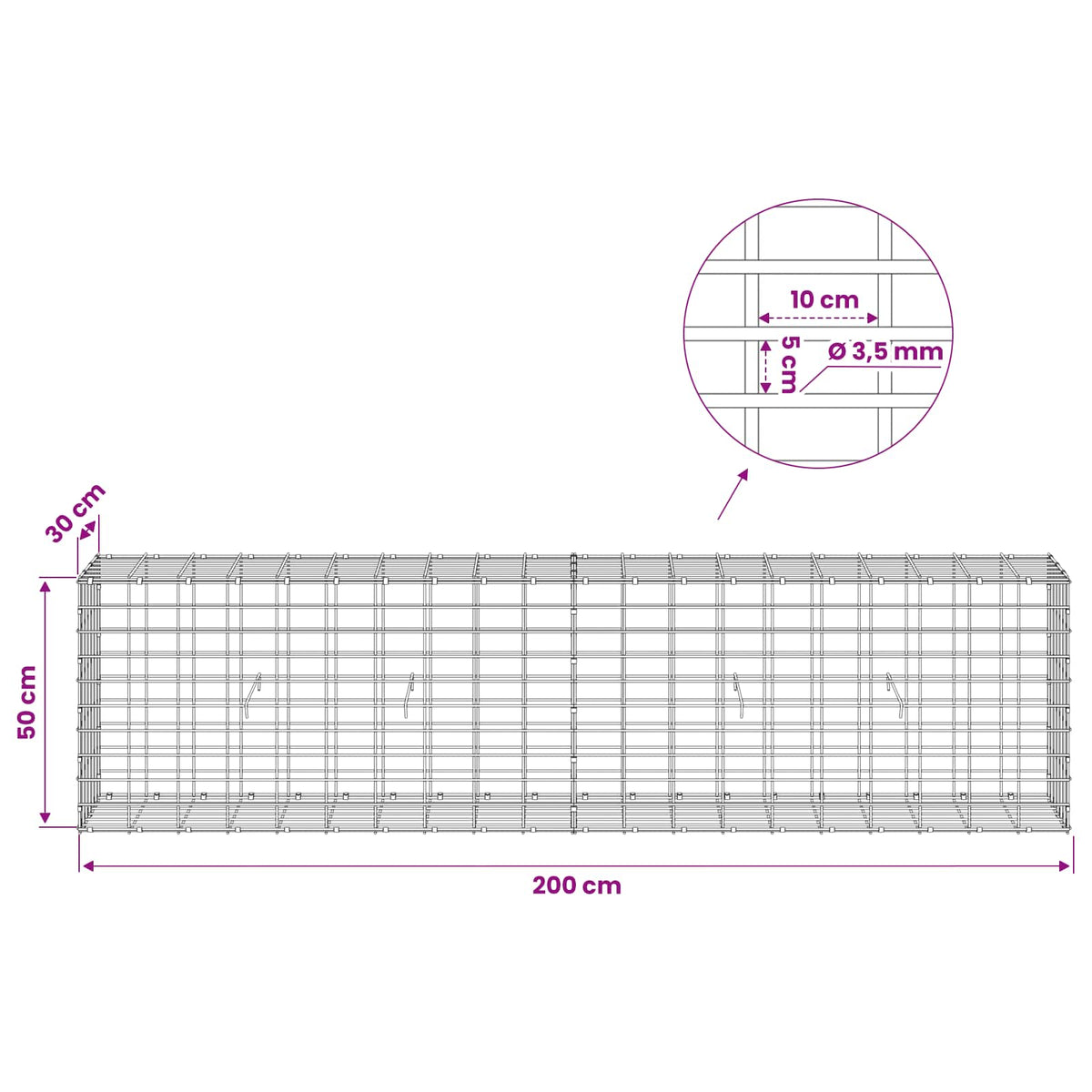 Gabion 3,5 mm Langasta ja 5x10 cm Verkkosta 200x30x50 cm