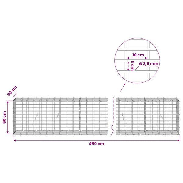 Gabion 3,5 mm Langasta ja 5x10 cm Verkkosta 450x30x50 cm