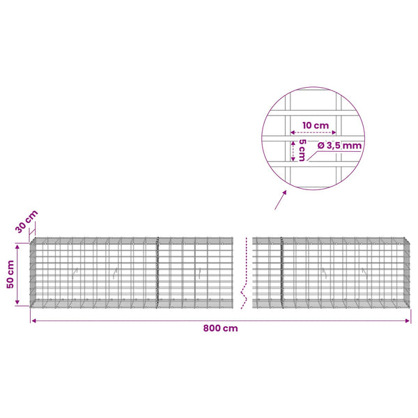 Gabion 3,5 mm Langasta ja 5x10 cm Verkkosta 800x30x50 cm
