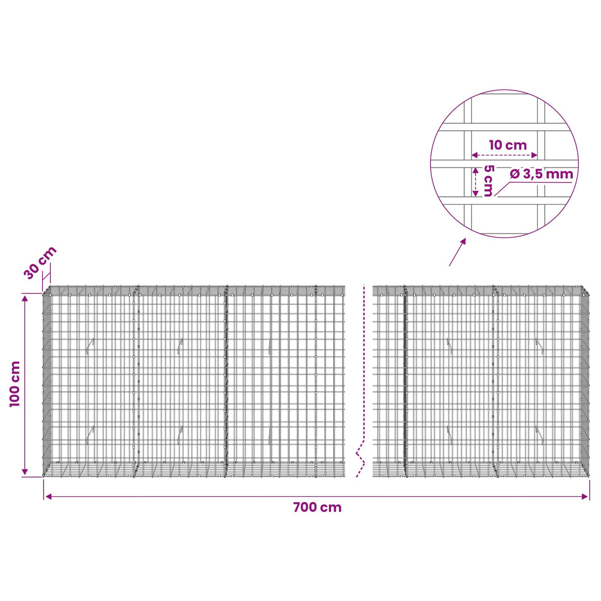 Gabion 3,5 mm Langasta ja 5x10 cm Verkkosta 700x30x100 cm