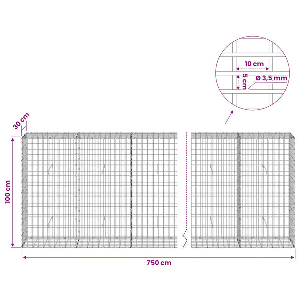 Gabion 3,5 mm Langasta ja 5x10 cm Verkkosta 750x30x100 cm