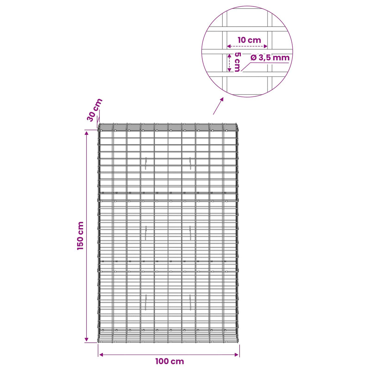 Gabion 3,5 mm Langasta ja 5x10 cm Verkkosta 100x30x150 cm