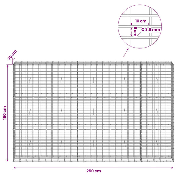 Gabion 3,5 mm Langasta ja 5x10 cm Verkkosta 250x30x150 cm