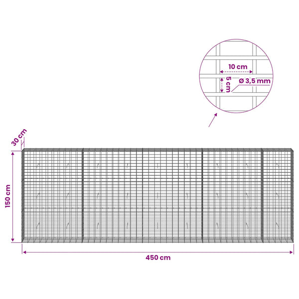 Gabion 3,5 mm Langasta ja 5x10 cm Verkkosta 450x30x150 cm