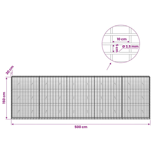Gabion 3,5 mm Langasta ja 5x10 cm Verkkosta 500x30x150 cm