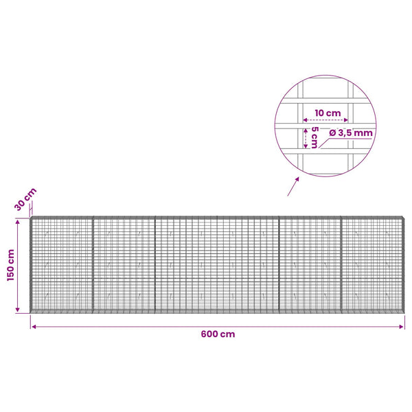 Gabion 3,5 mm Langasta ja 5x10 cm Verkkosta 600x30x150 cm