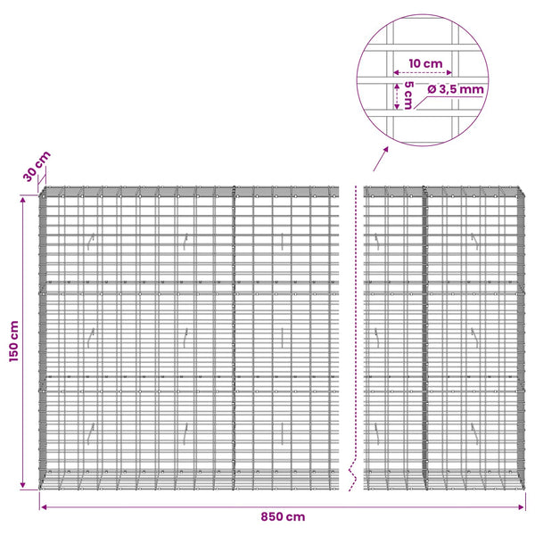 Gabion 3,5 mm Langasta ja 5x10 cm Verkkosta 850x30x150 cm