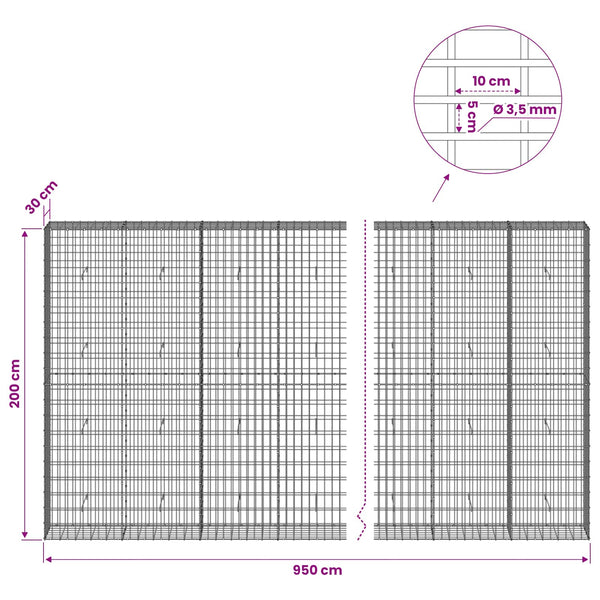 Gabion 3,5 mm Langasta ja 5x10 cm Verkkosta 950x30x200 cm