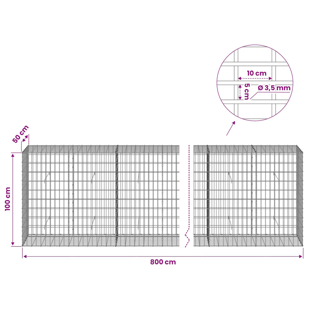 Gabion 3,5 mm Langasta ja 5x10 cm Verkkosta 800x50x100 cm