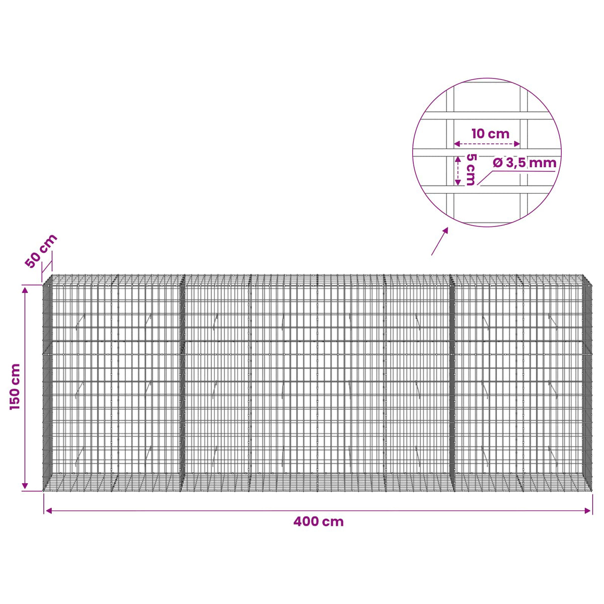 Gabion 3,5 mm Langasta ja 5x10 cm Verkkosta 400x50x150 cm
