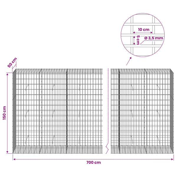 Gabion 3,5 mm Langasta ja 5x10 cm Verkkosta 700x50x150 cm