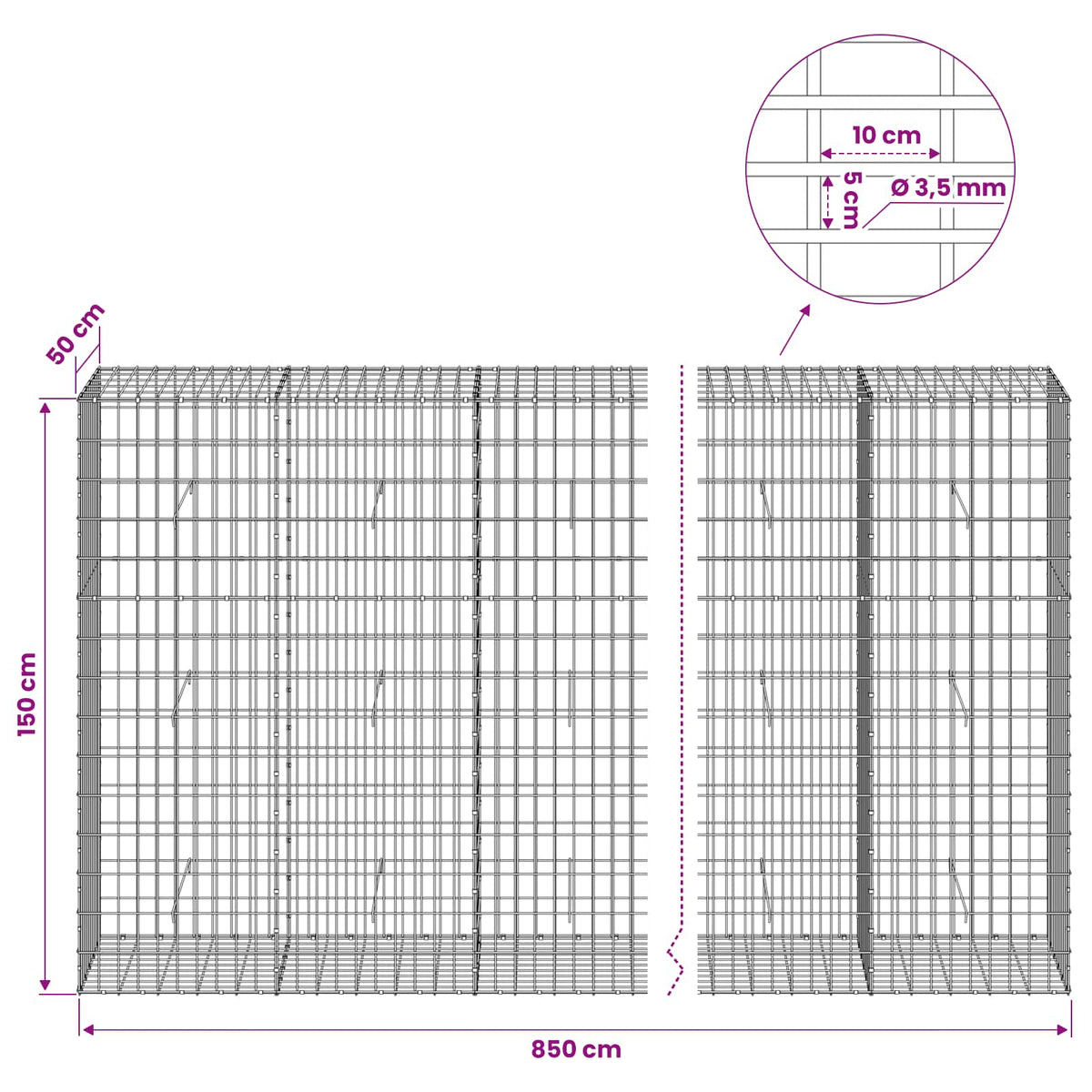Gabion 3,5 mm Langasta ja 5x10 cm Verkkosta 850x50x150 cm