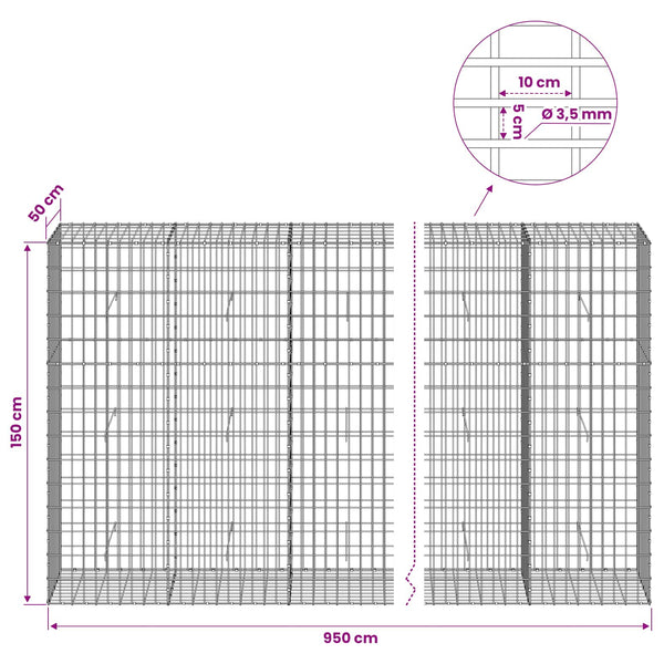 Gabion 3,5 mm Langasta ja 5x10 cm Verkkosta 950x50x150 cm